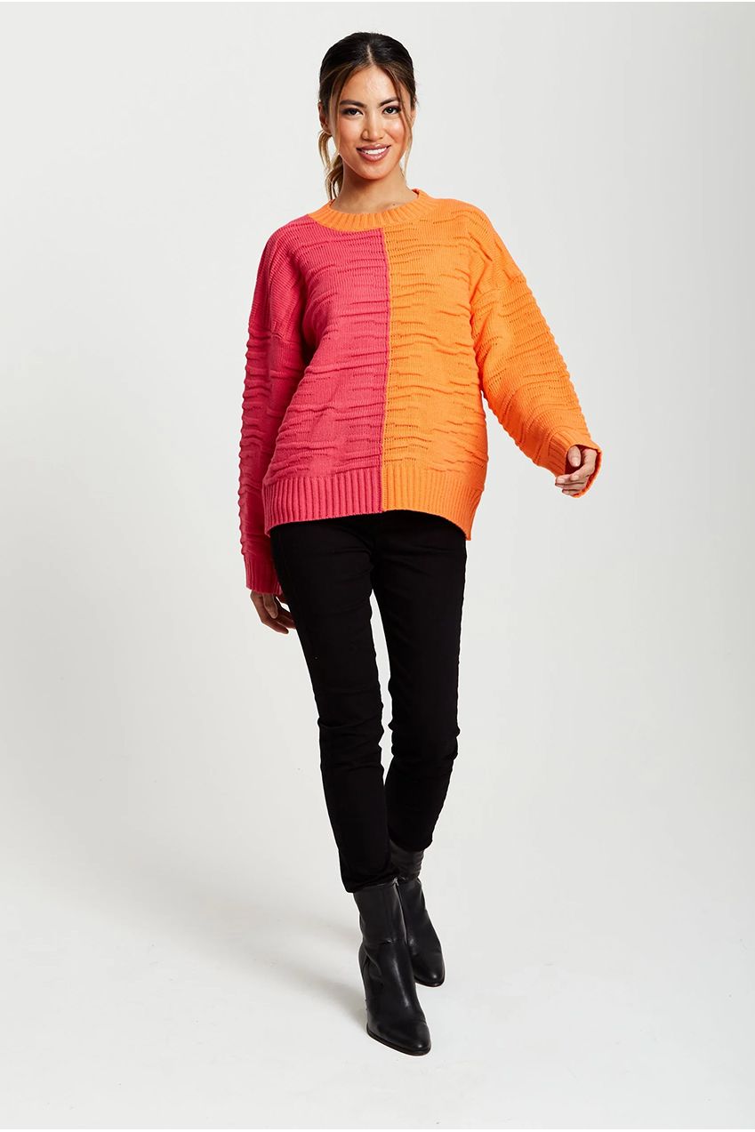 Colour Block Jumper In Orange And Pink D1-LS-L22AW022
