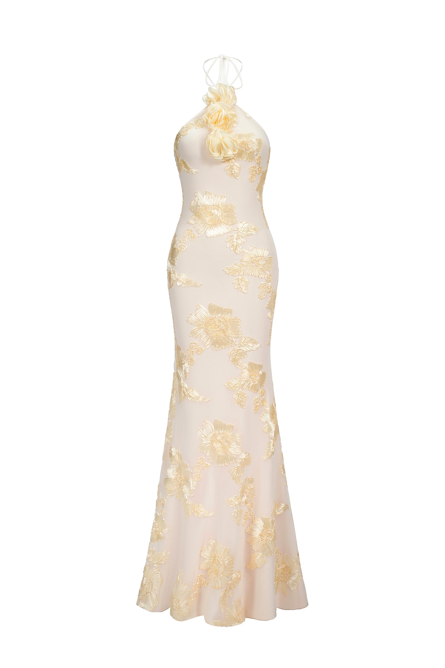 Griselda Flower Halter Embroidery Maxi Dress - White D240801140