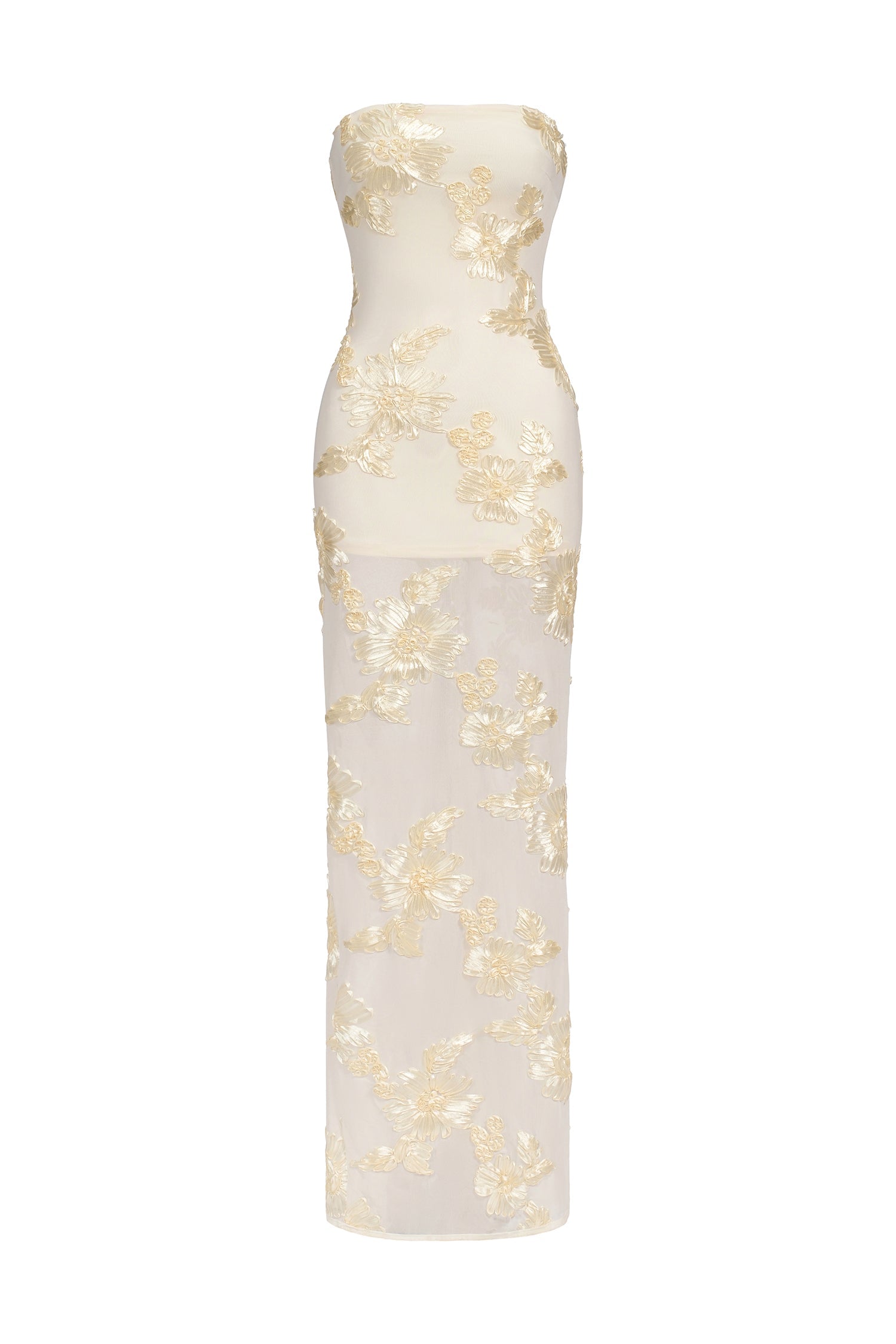 Deliyn Strapless Embroidery Flower Mesh Maxi Dress D240801221