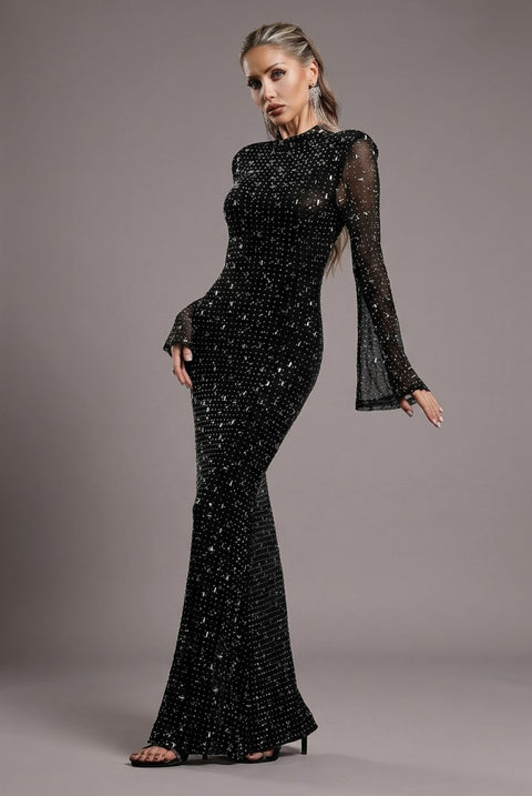 Gilian Long Sleeves High Neck Diamond Maxi Dress by Bella Barnett