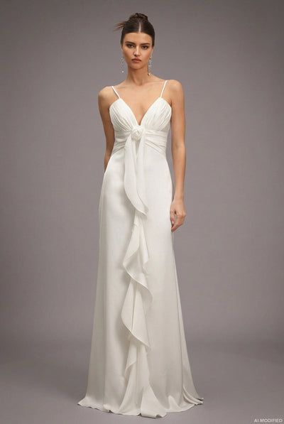 White - Yvonne Sleeveless V-Neck Flowers Flounce Maxi Dress by Bella Barnett