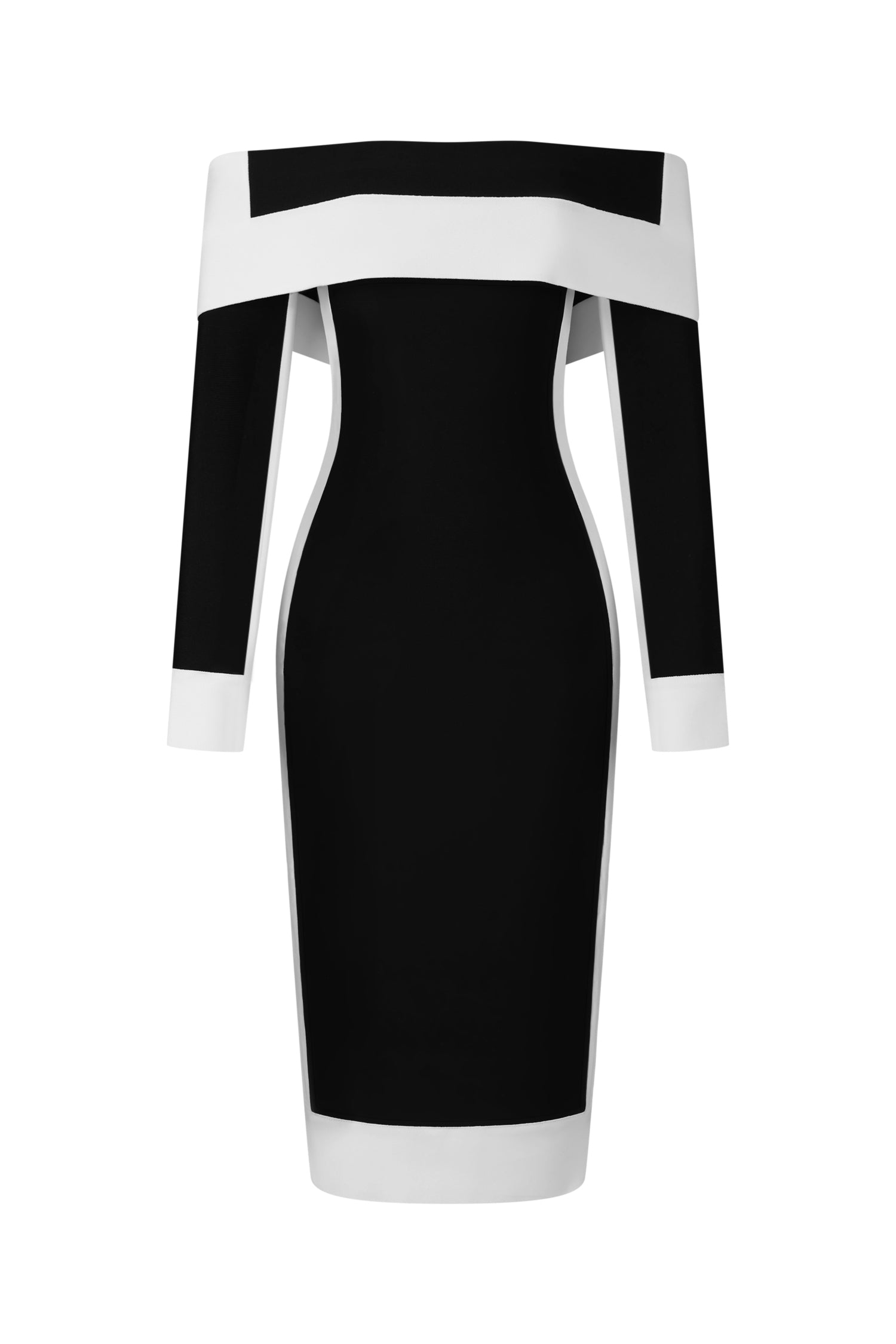 Mattey Off-The-Shoulder Long Sleeves Stripes Bandage Midi Dress D250601522