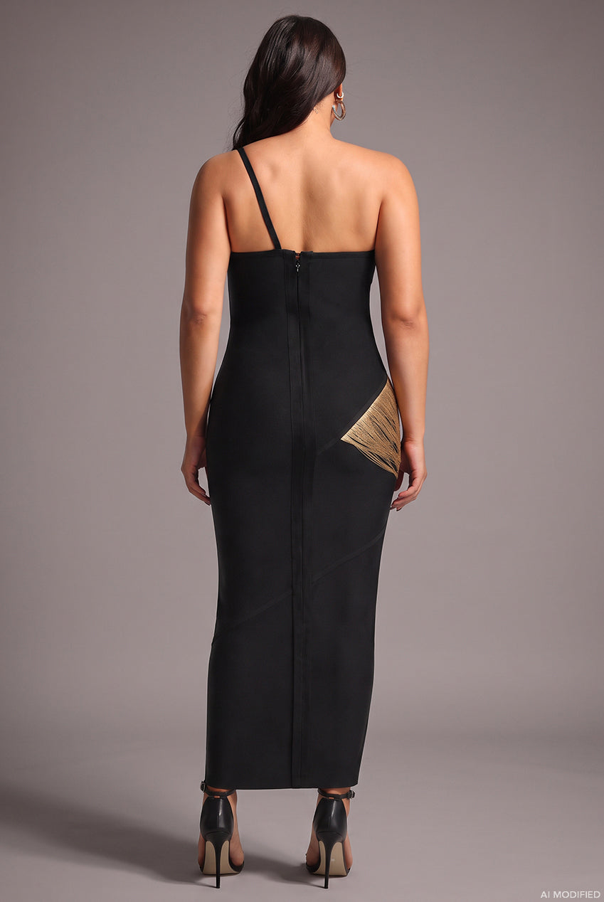 Roanna One Shoulder Sleeveless Golden Tassels Bandage Maxi Dress D250701239