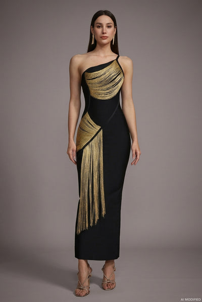 Roanna One Shoulder Sleeveless Golden Tassels Bandage Maxi Dress by Bella Barnett