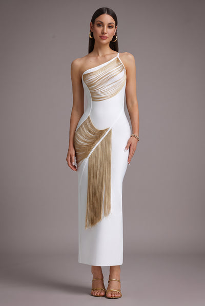 White - Roanna One Shoulder Sleeveless Golden Tassels Bandage White Maxi Dress by Bella Barnett