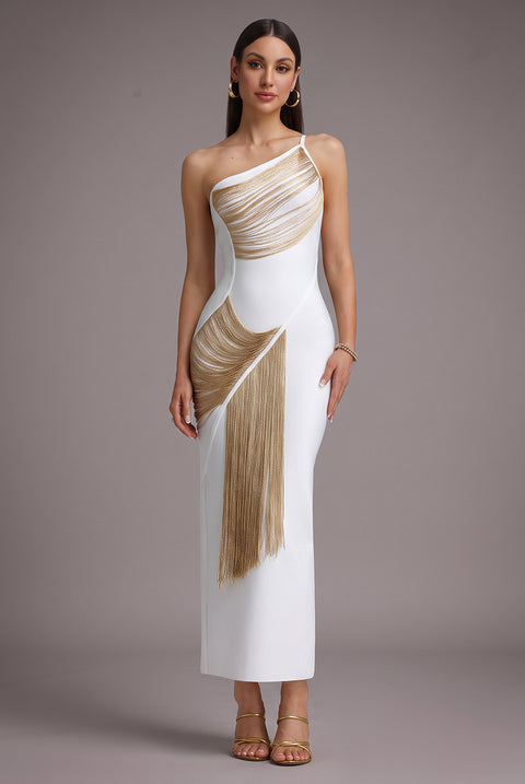 Roanna One Shoulder Sleeveless Golden Tassels Bandage White Maxi Dress by Bella Barnett