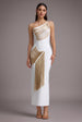 Roanna One Shoulder Sleeveless Golden Tassels Bandage White Maxi Dress by Bella Barnett
