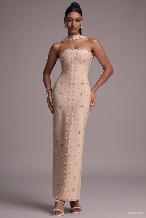 Nesya Sleeveless Pearl Bandage Nude Maxi Dress by Bella Barnett