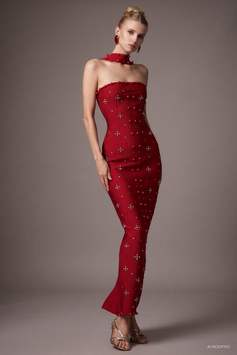 Nesya Sleeveless Pearl Wine Bandage Maxi Dress by Bella Barnett