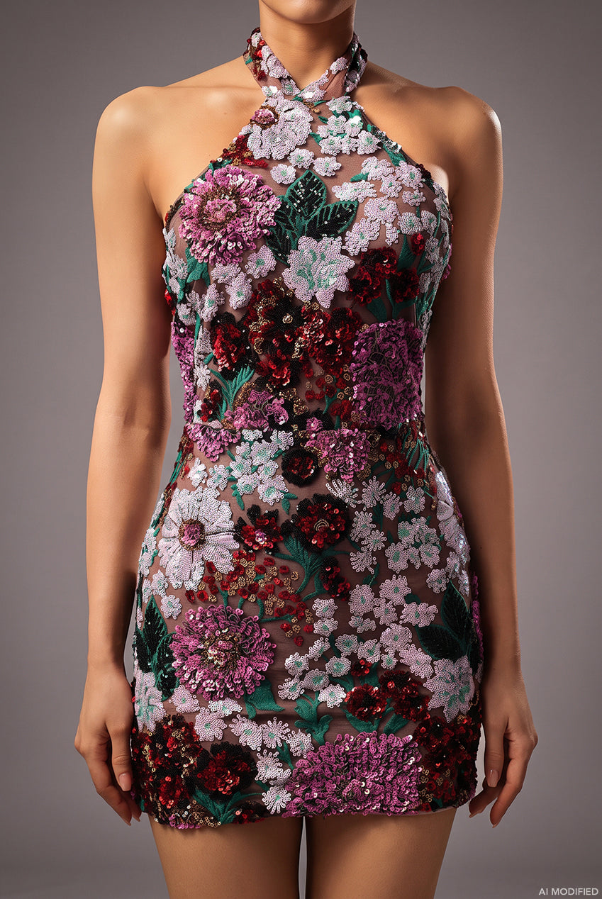Polasa Halter Sleeveless Sequins Flower Mini Dress D250801342
