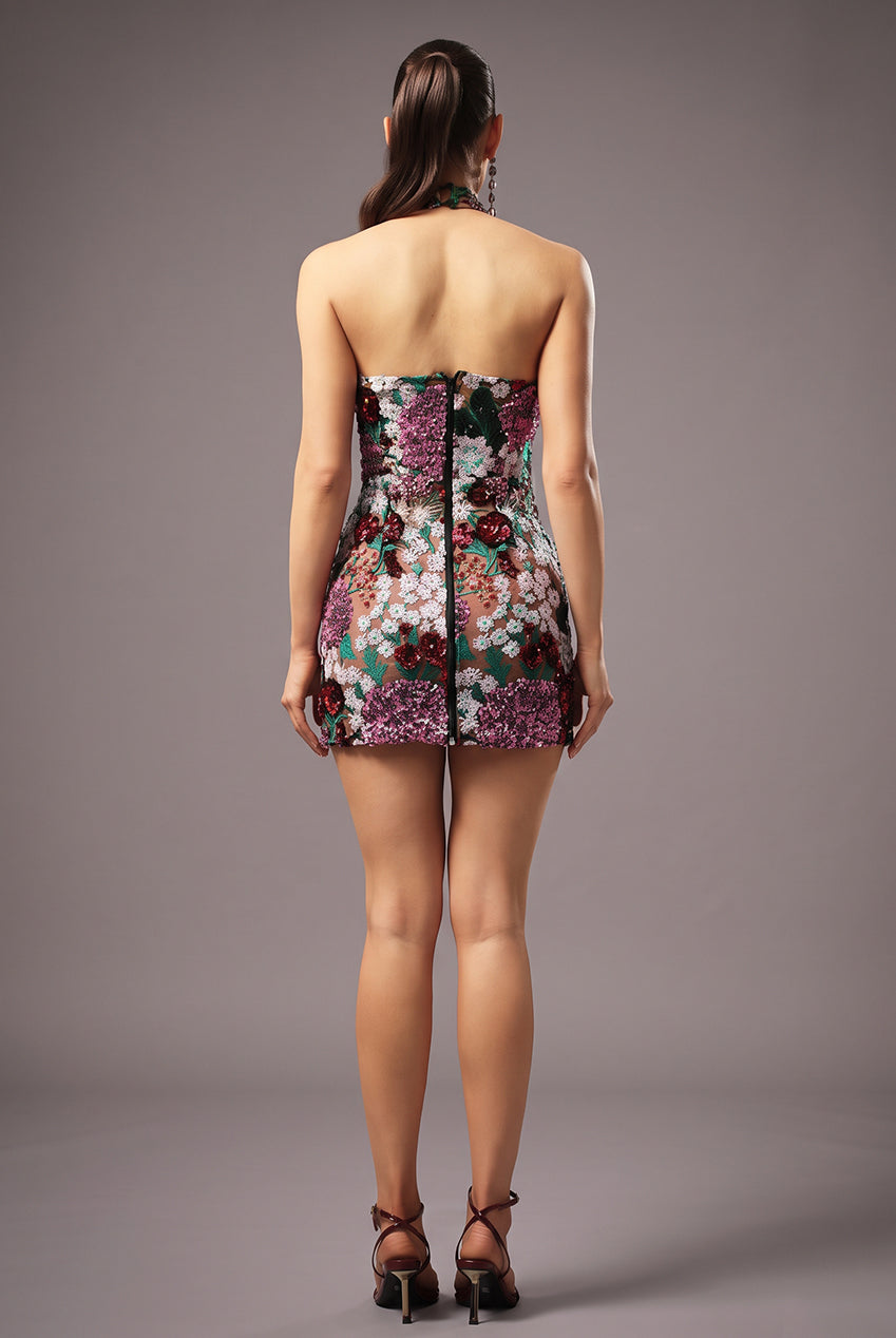Polasa Halter Sleeveless Sequins Flower Mini Dress D250801342