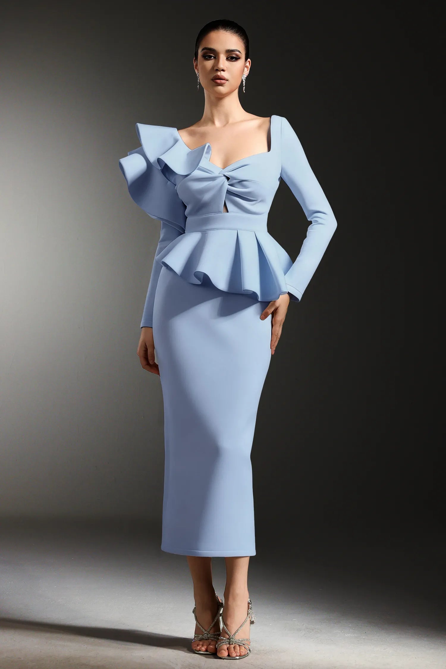 Faray Ruffled Long Sleeves Blue Maxi Dress | Goddiva