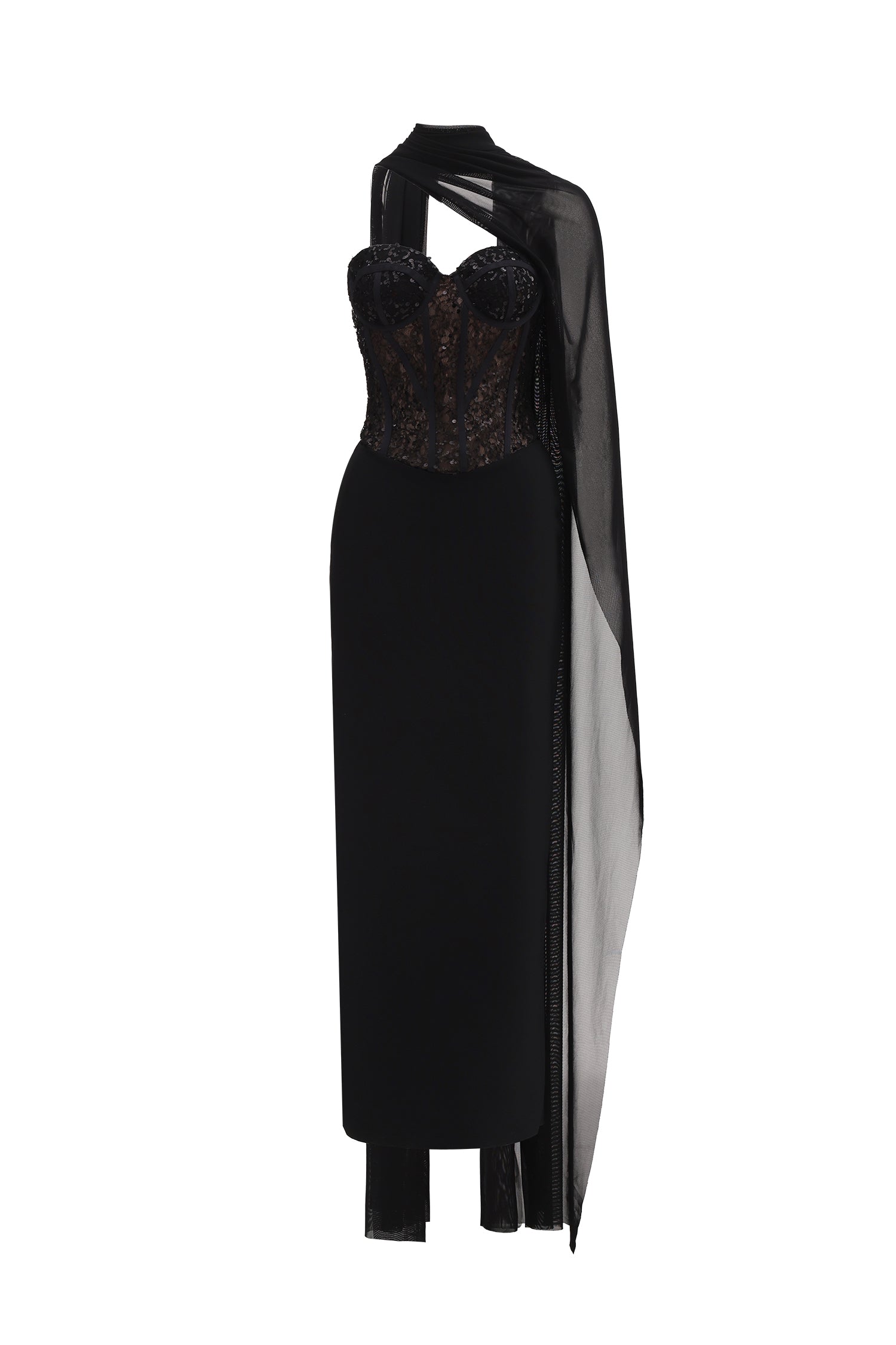 Dodou Strapless Cape Sequin Bandage Maxi Dress D250903202