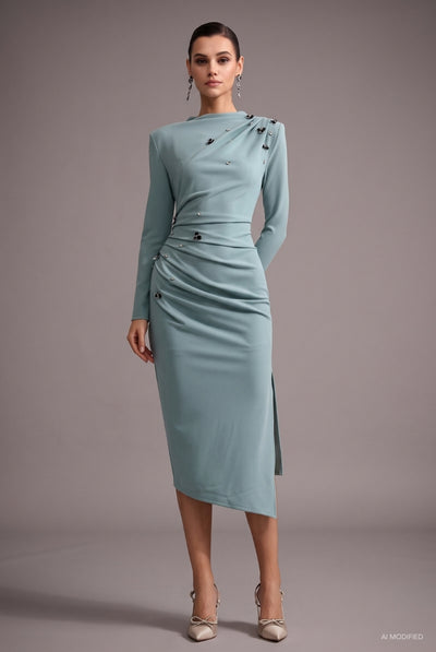 Green - Nina Elegant Cinched Waist Long Sleeve Sequin Floral Pleated Knit Midi Dress by Bella Barnett