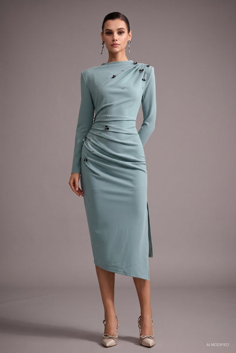 Nina Elegant Cinched Waist Long Sleeve Sequin Floral Pleated Knit Midi Dress by Bella Barnett