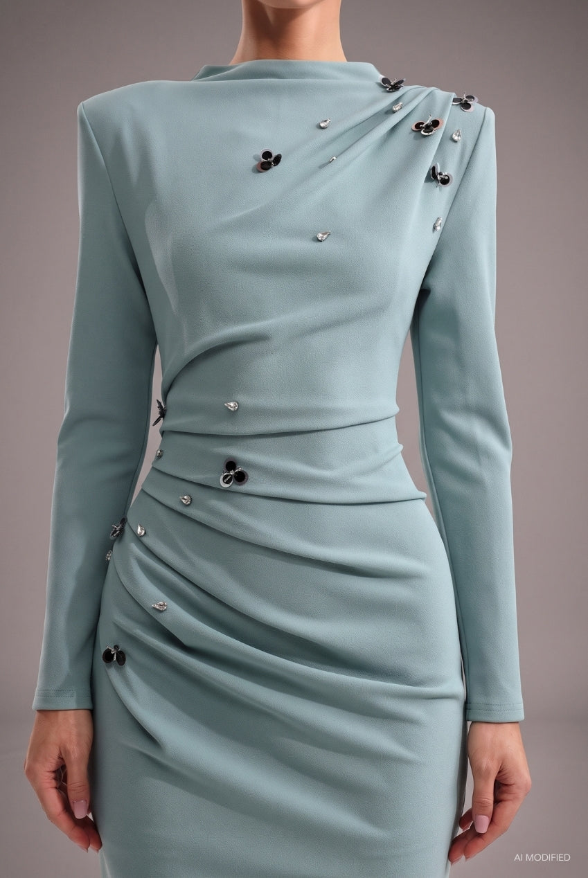 Nina Elegant Cinched Waist Long Sleeve Sequin Floral Pleated Knit Midi Dress C251000095