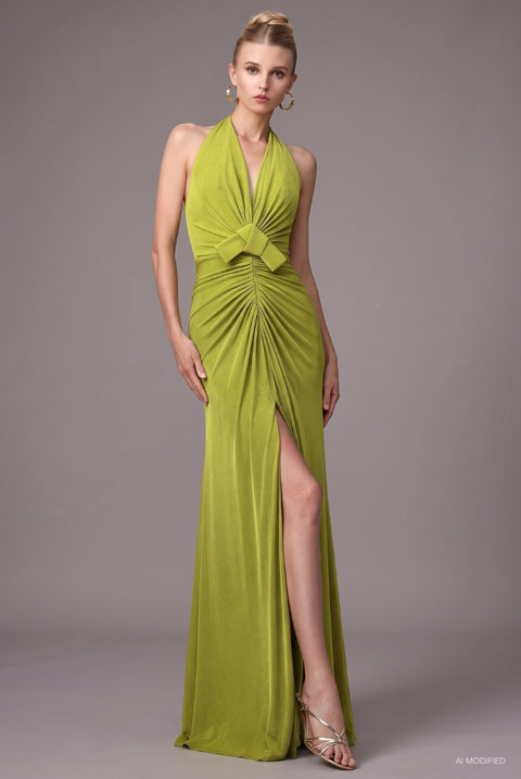 Jalila Sexy Contour V Neck Ruched Knot Slit Knit Maxi Dress by Bella Barnett