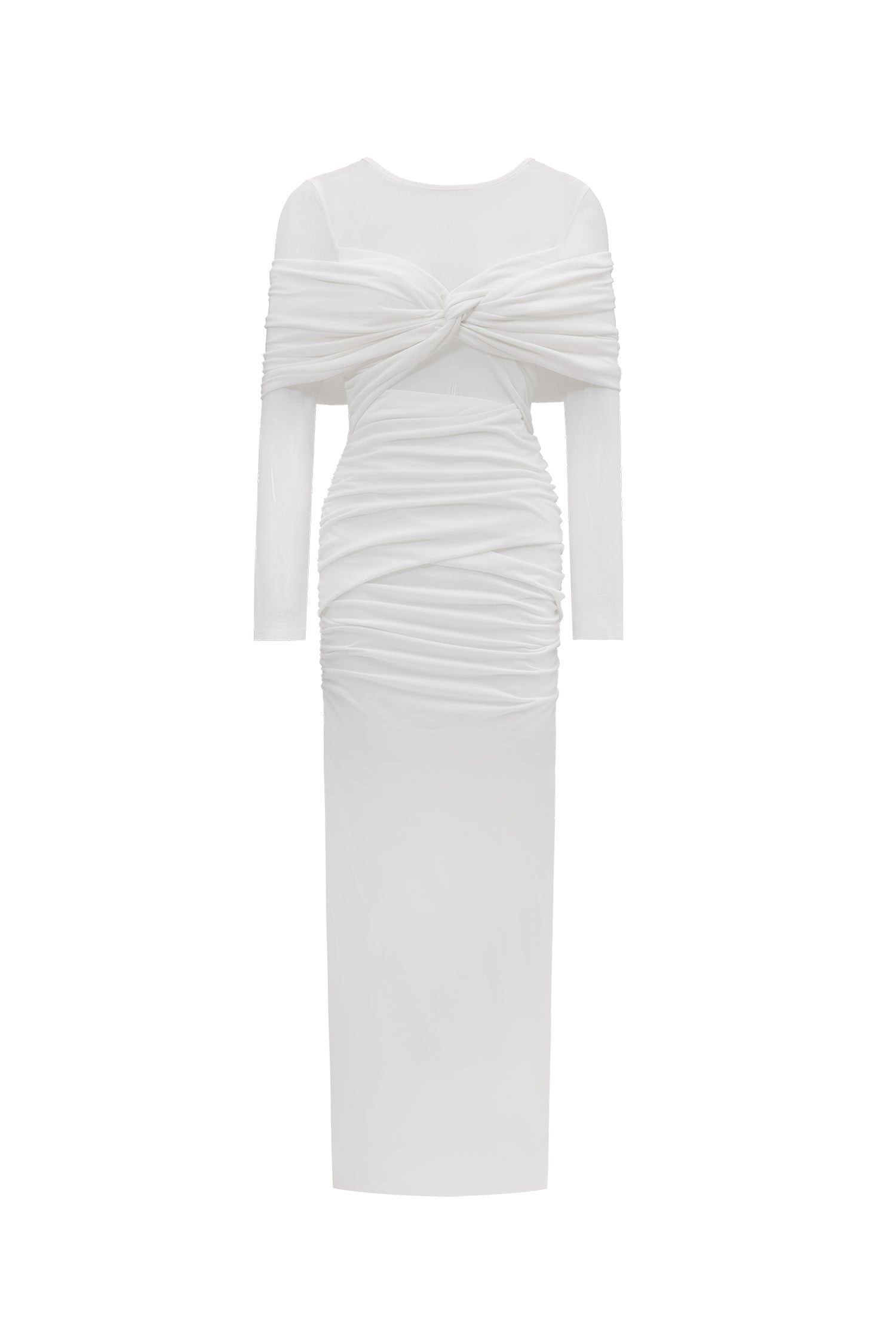 Ingrid Elegant Contour Ruched Mesh Layered Knit Maxi Dress D250905103