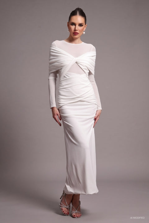Ingrid Elegant Contour Ruched Mesh Layered Knit Maxi Dress by Bella Barnett