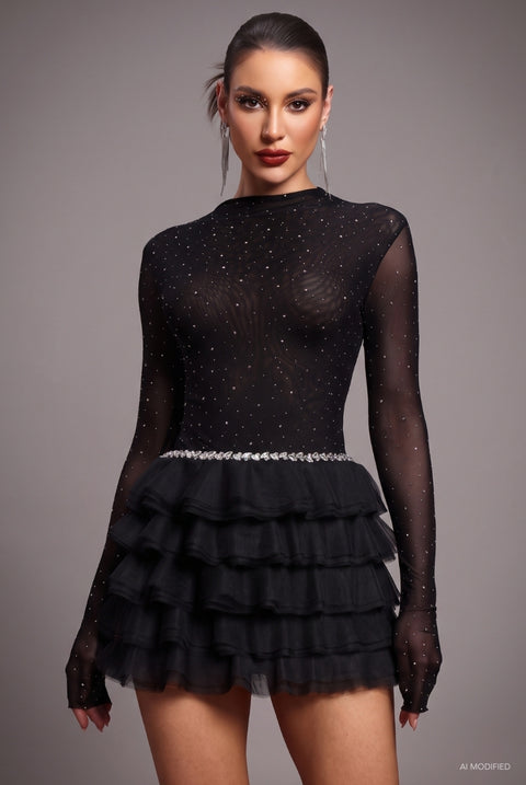 Kerta Classic Contour Crystal Ruffle Mesh Mini Dress by Bella Barnett