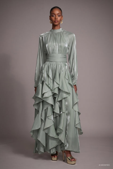 Grasa Elegant Flowy Long Sleeve Pleated Ruffle Maxi Dress by Bella Barnett