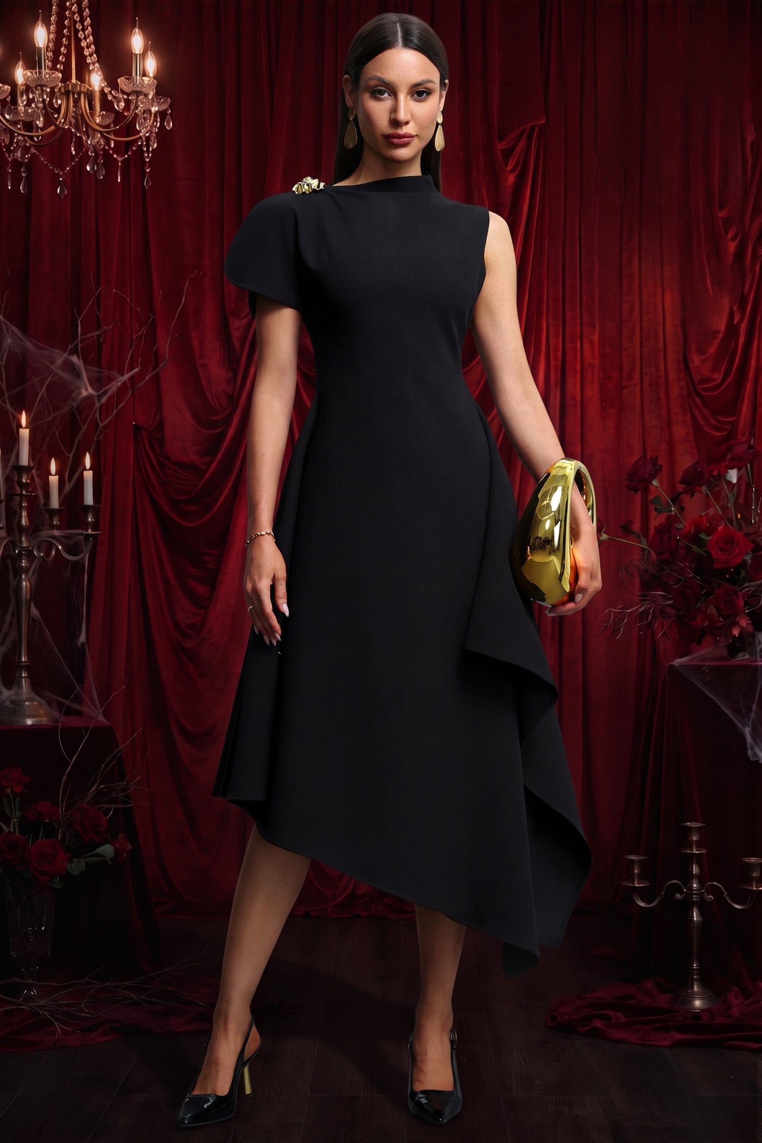 Weren Elegant Contour High Neck Asymmetric Black Maxi Dress D251201536
