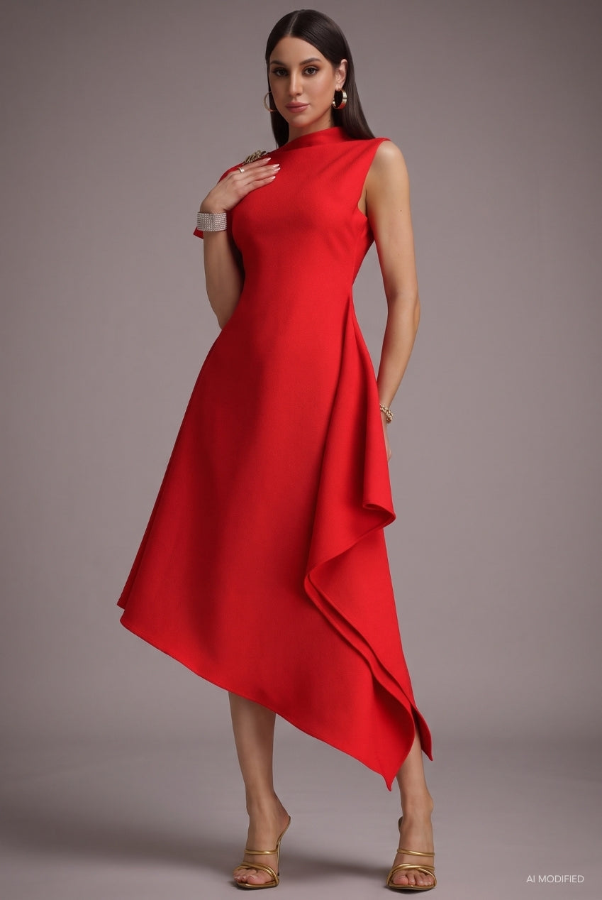 Weren Elegant Contour High Neck Asymmetric Red Maxi Dress D251201536