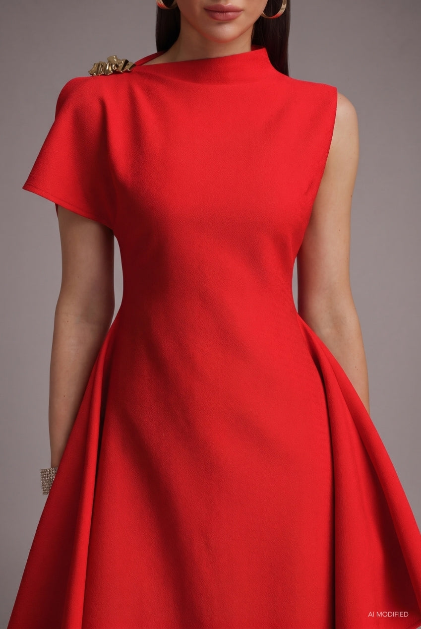Weren Elegant Contour High Neck Asymmetric Red Maxi Dress D251201536