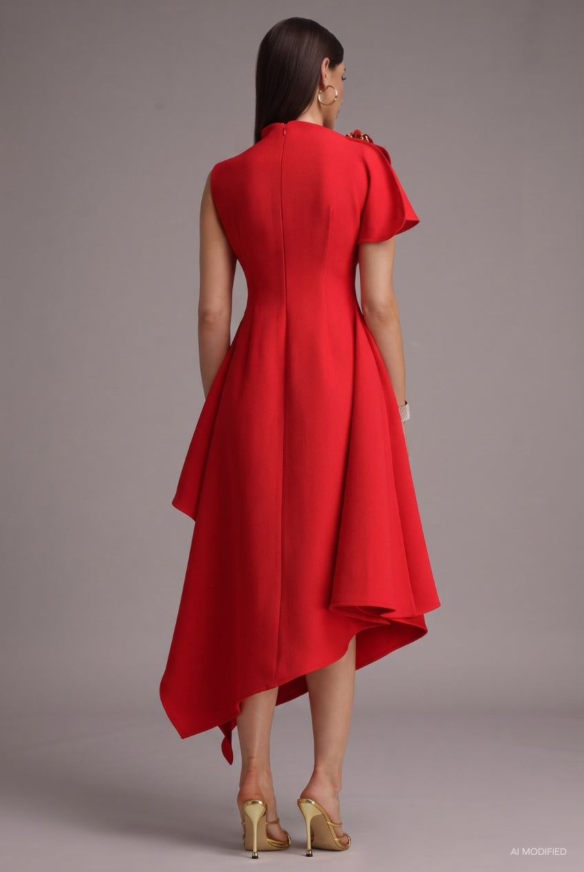 Weren Elegant Contour High Neck Asymmetric Red Maxi Dress D251201536