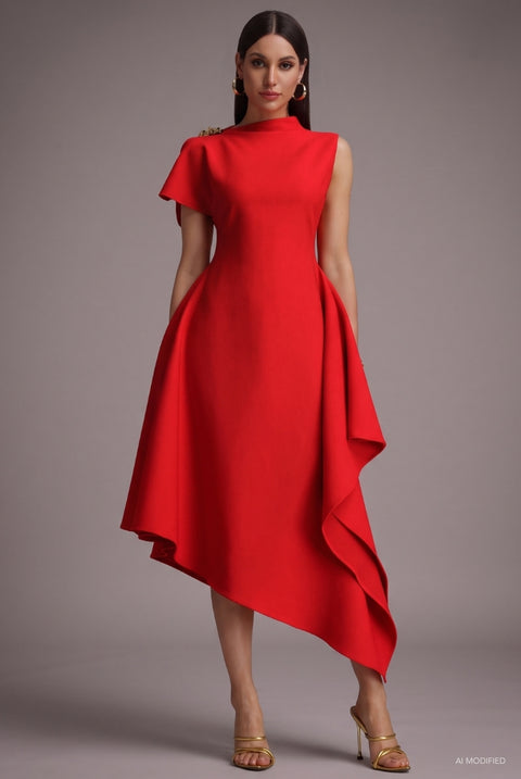 Weren Elegant Contour High Neck Asymmetric Red Maxi Dress by Bella Barnett