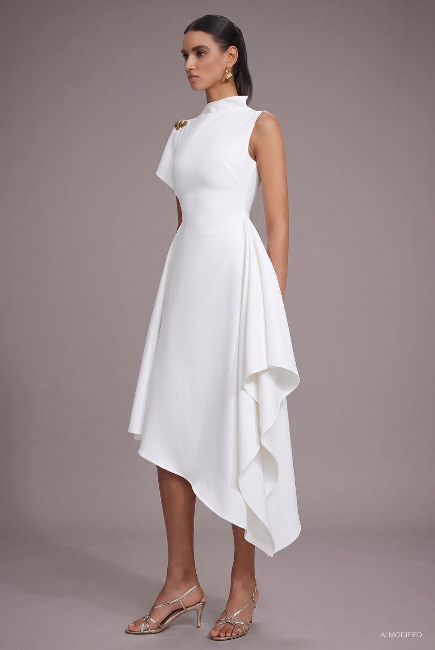 Weren Elegant Contour High Neck Asymmetric Maxi Dress D251201536