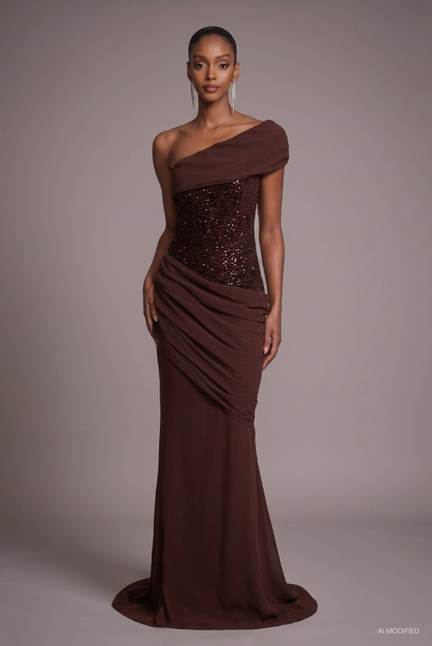 Naleza Chic Contour Off Shoulder Asymmetric Ruched Sequin Maxi Dress by Bella Barnett
