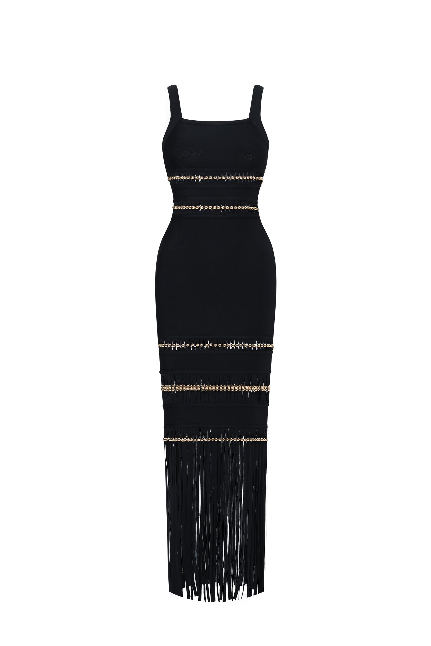 Shanley Chic Contour Sleeveless Beaded Fringe Black Bandage Maxi Dress D260301217