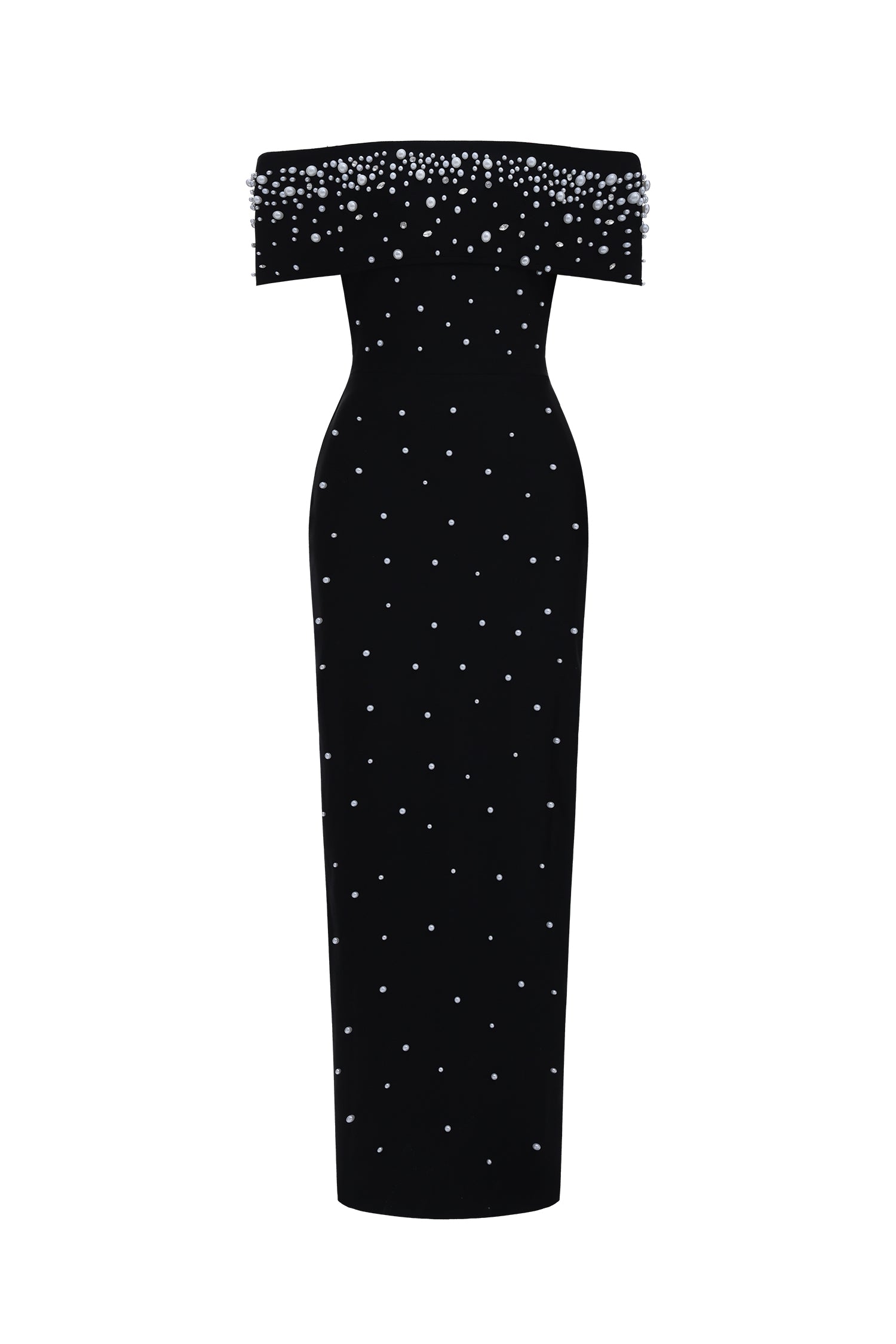 Isme Elegant Contour Off Shoulder Pearl Rhinestone Black Bandage Maxi Dress D260301428
