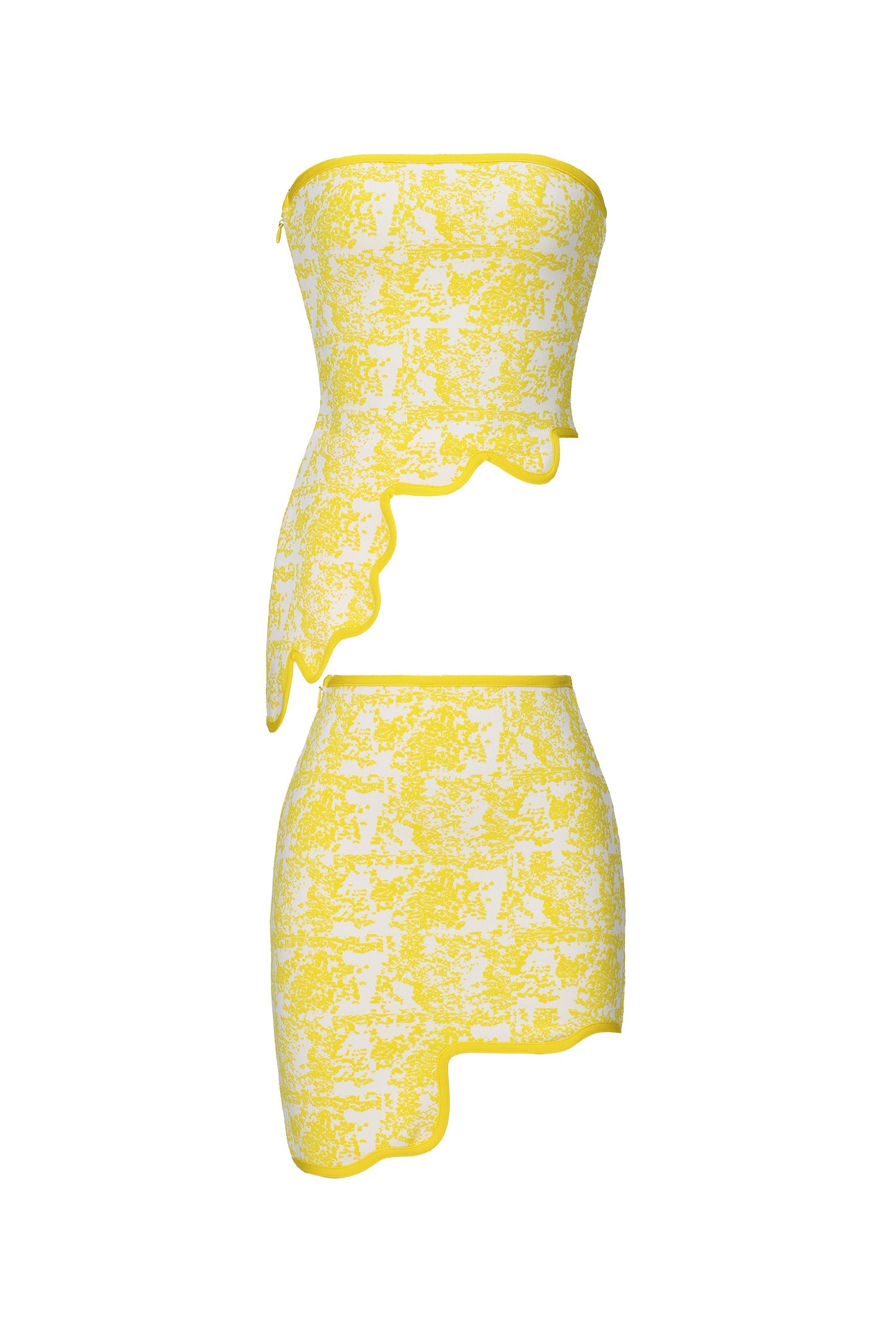 Trinaco Chic Contour Scalloped Print Yellow Bandage Top And Skirt Set D260301511