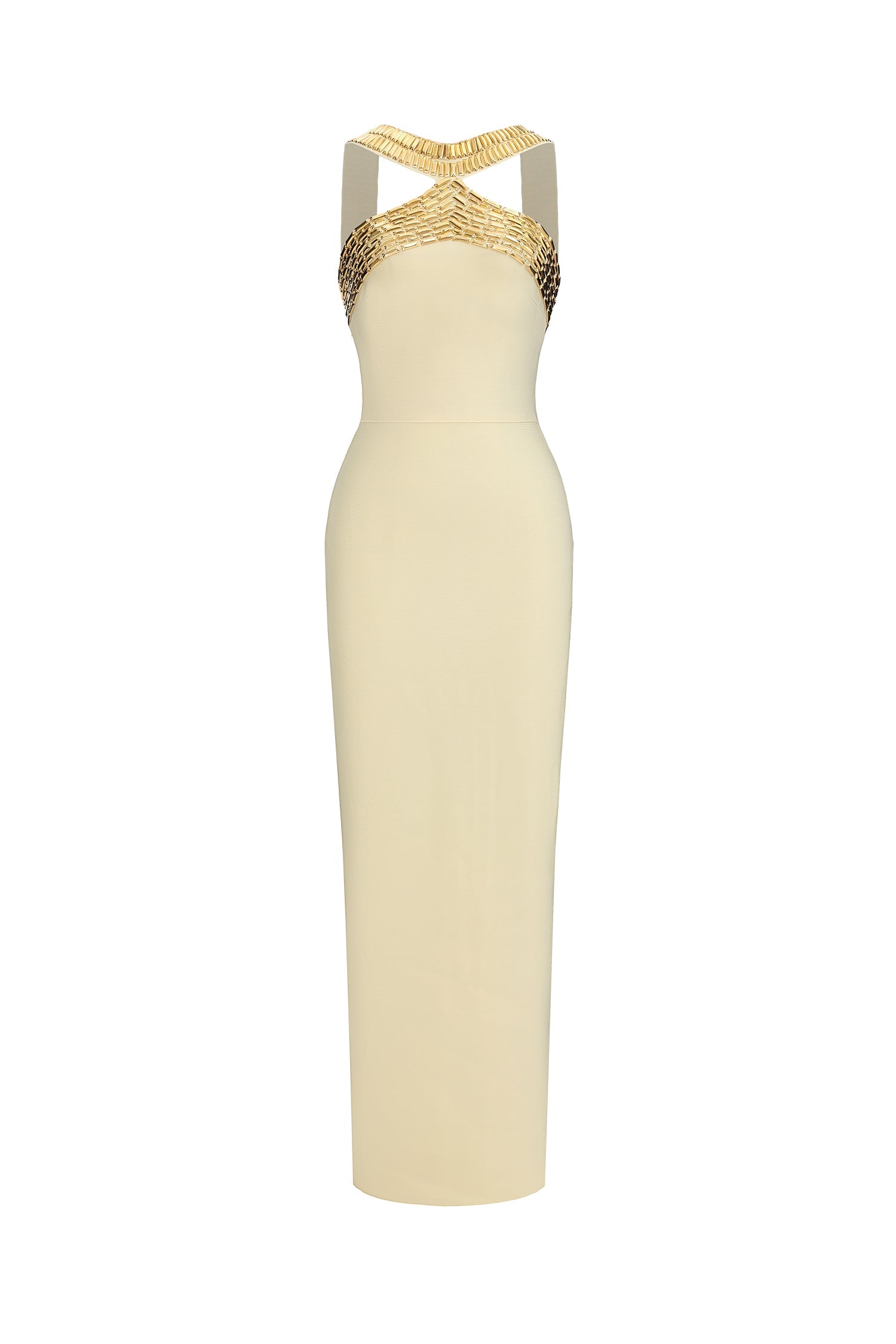 Riza Chic Contour Halter Rhinestone Bandage Yellow Maxi Dress D260501108