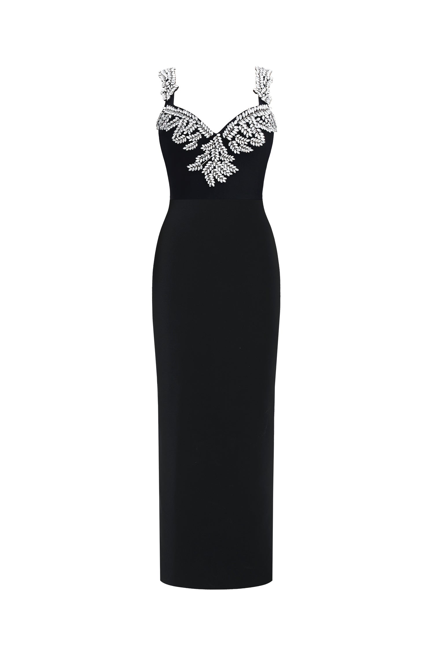 Lila Elegant Contour Spaghetti Strap V Neck Large Leaf Rhinestone Bandage Midi Dress D260601327