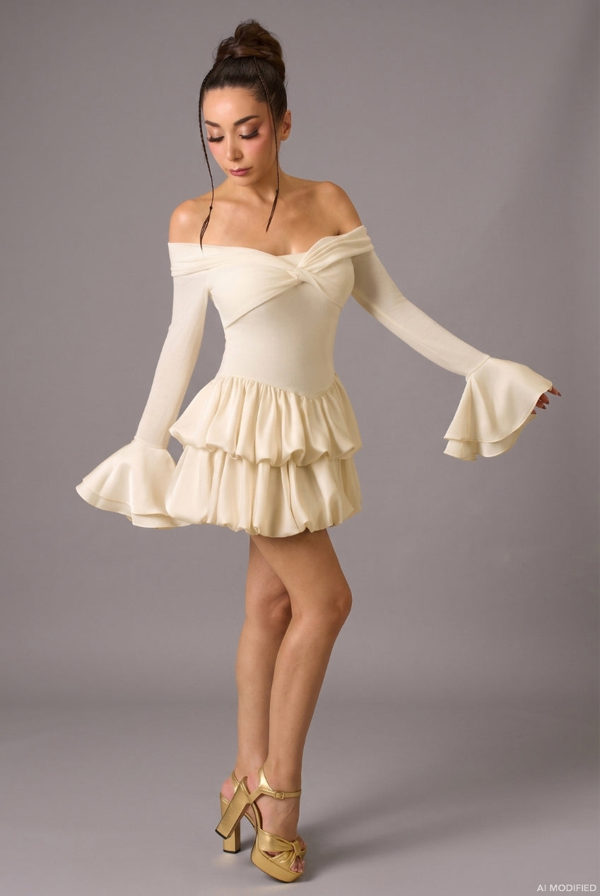 Jozie Elegant Contour Off Shoulder Long Sleeve Knot Ruffle Satin Knit Mini Dress D260705301