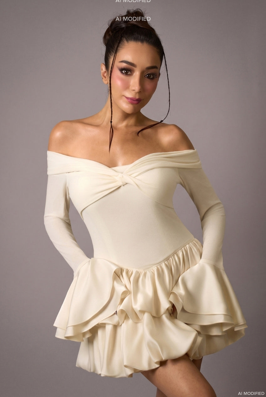 Jozie Elegant Contour Off Shoulder Long Sleeve Knot Ruffle Satin Knit Mini Dress D260705301
