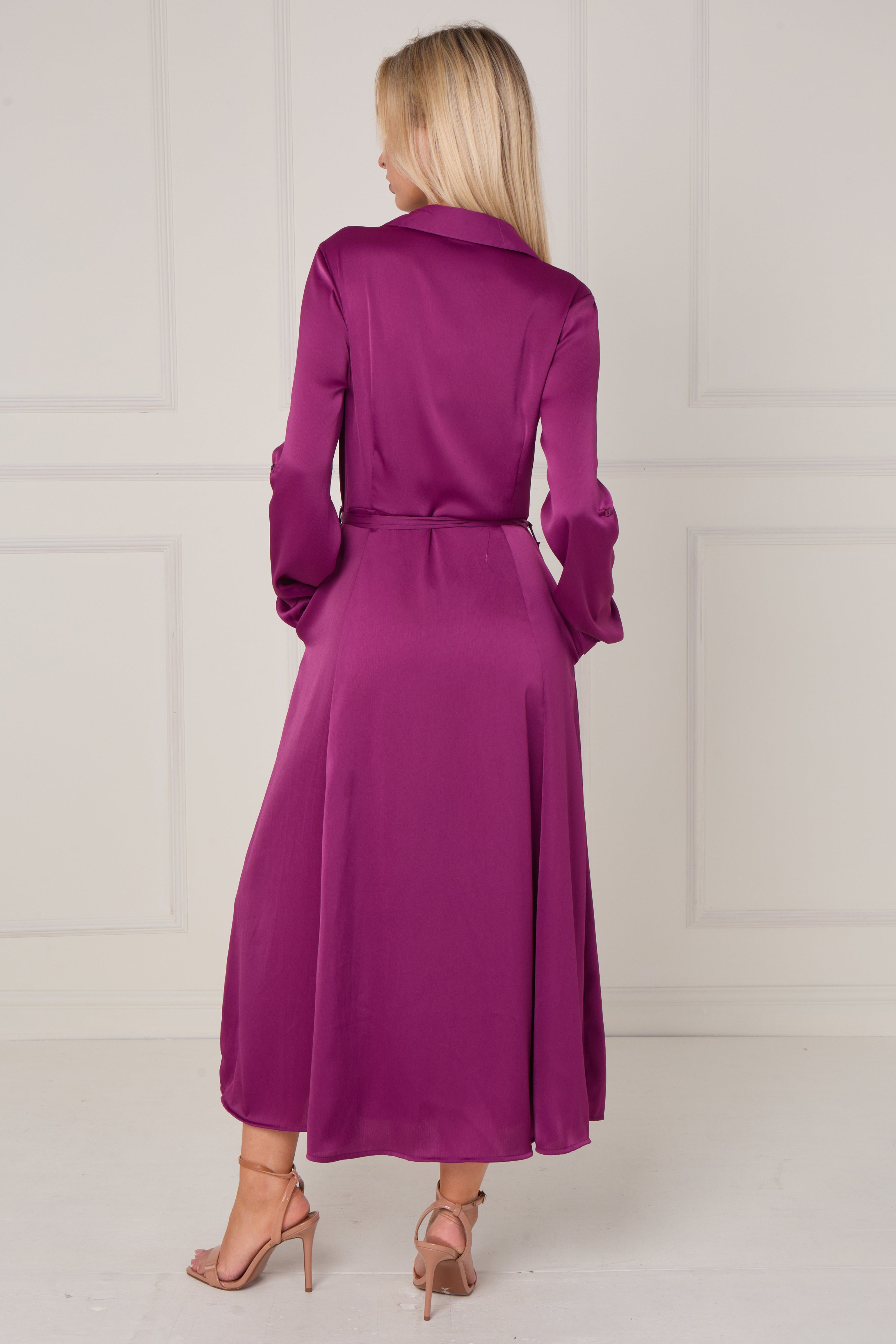 Magenta Layered Satin Long Sleeve Maxi Shirt Dress LS-2037-8078-61