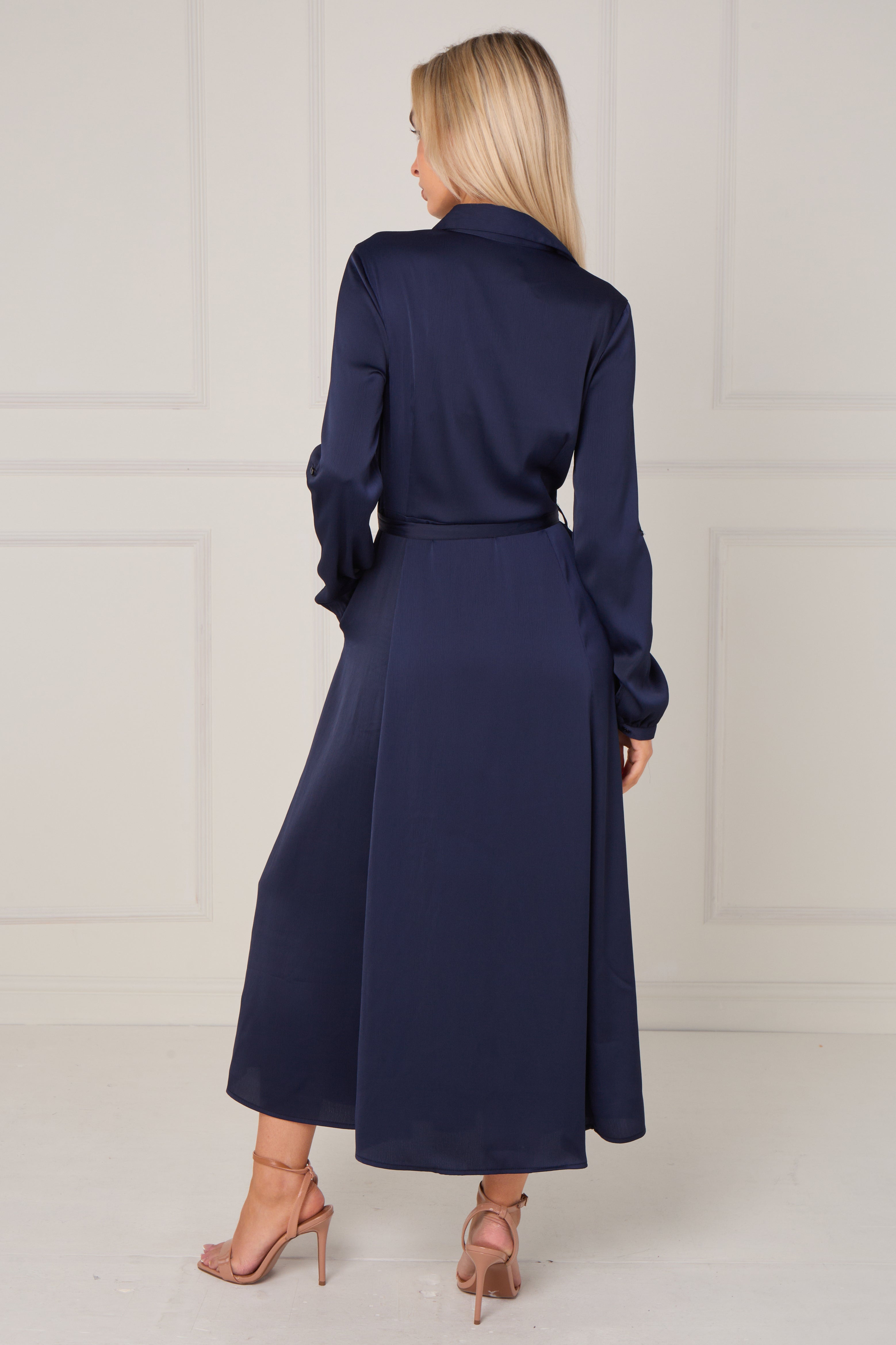 Navy Layered Satin Long Sleeve Maxi Shirt Dress LS-2037-8078-32
