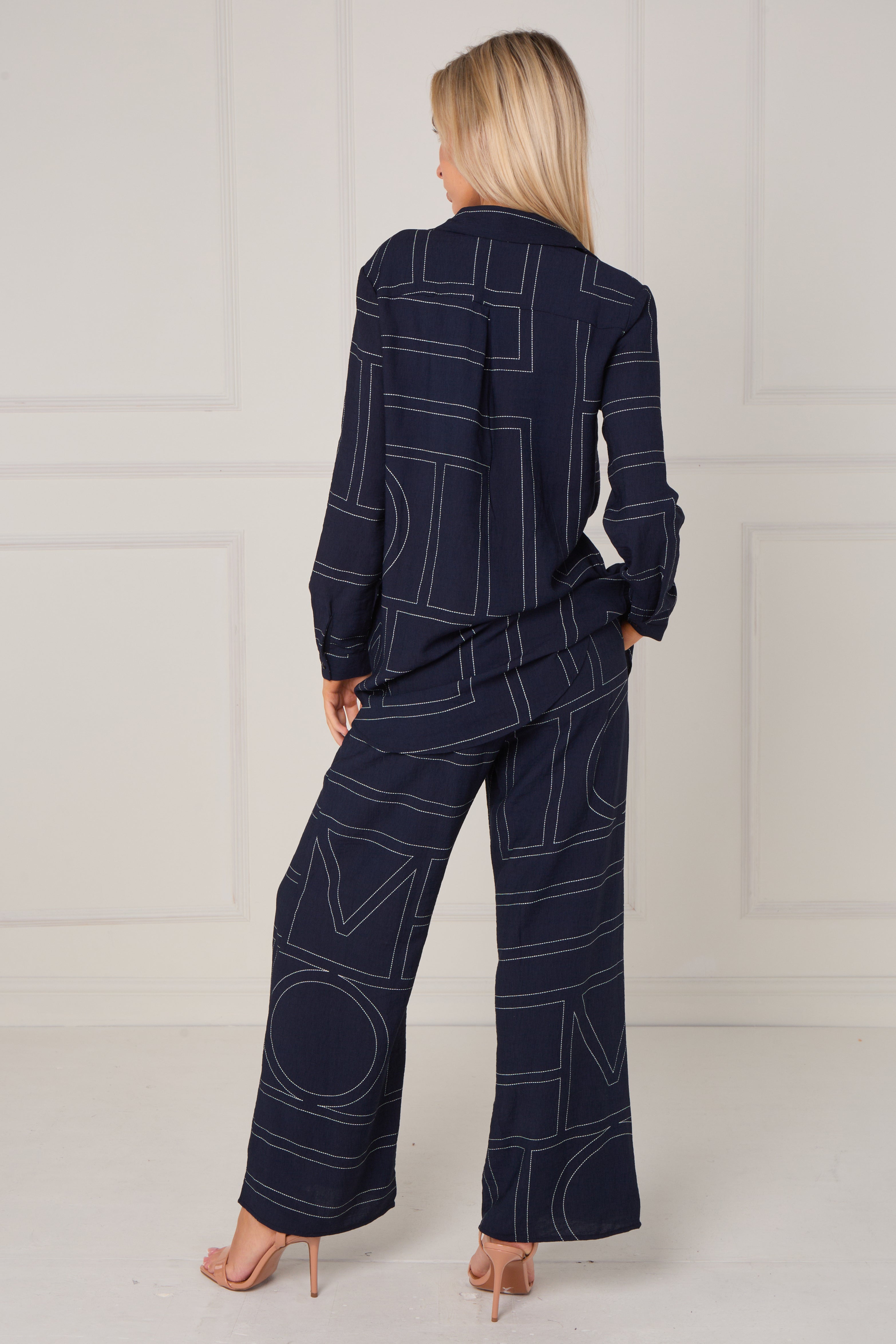 Navy Geometric Line Print Wide-Leg Co-ord LS-5002&9057-TZ20