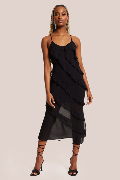 Diagonal Frill Strap Midi Dress In Black by Liquorish