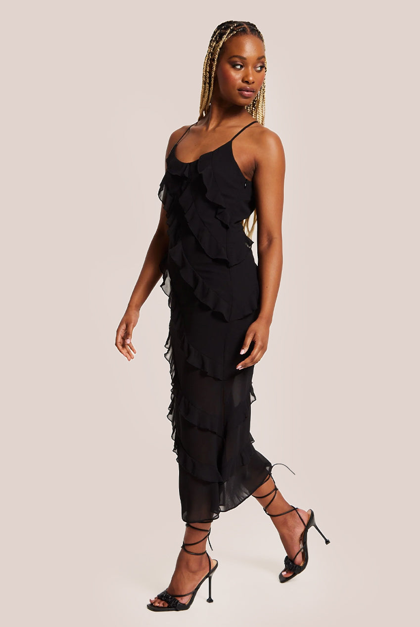 Diagonal Frill Strap Midi Dress In Black DML010002