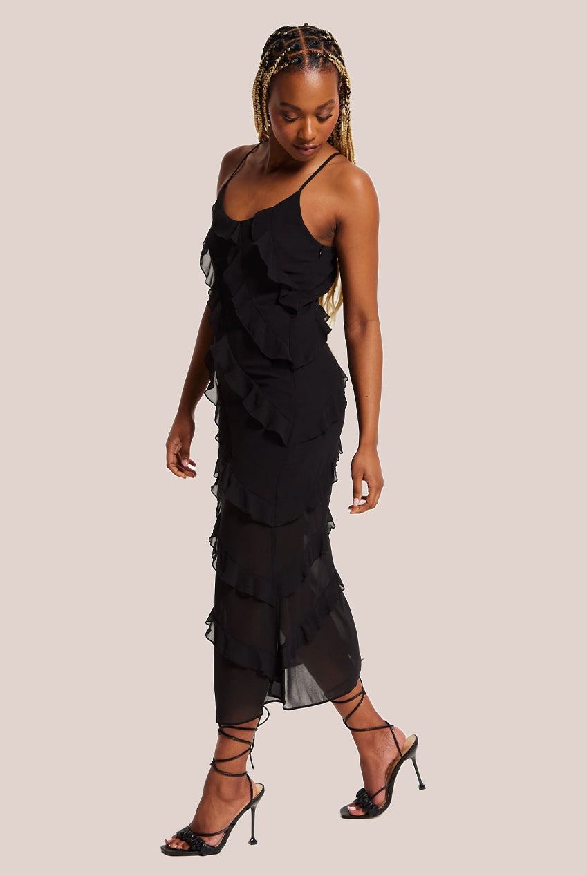 Diagonal Frill Strap Midi Dress In Black DML010002