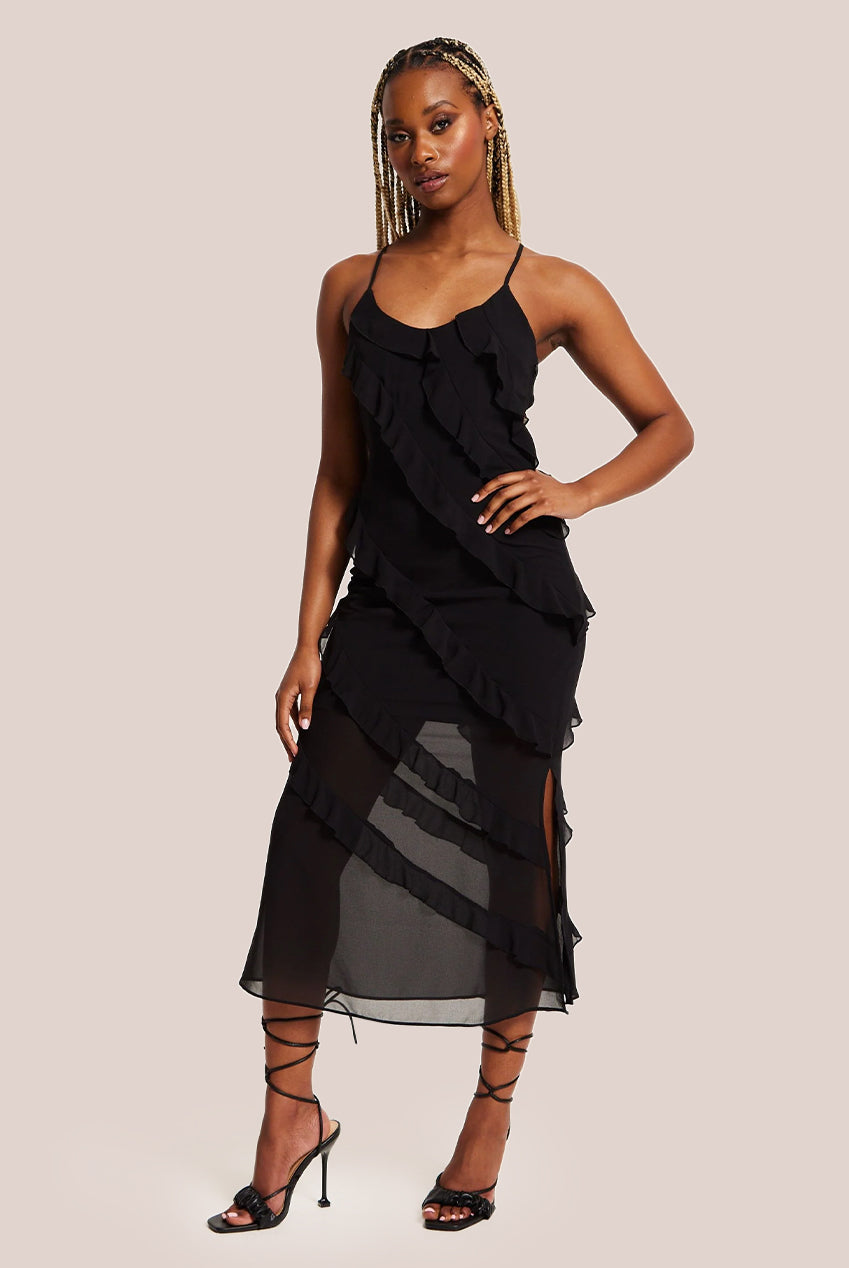 Diagonal Frill Strap Midi Dress In Black DML010002