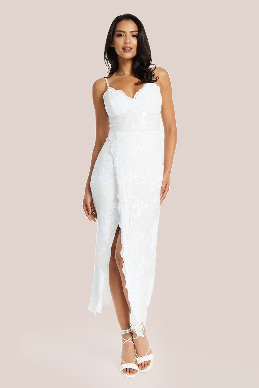 Sequin Two Layer Maxi Dress In White DML011