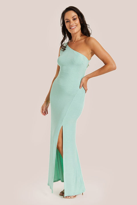 Sage Lurex One Shoulder Jersey Maxi Dress With Long Slit by Liquorish