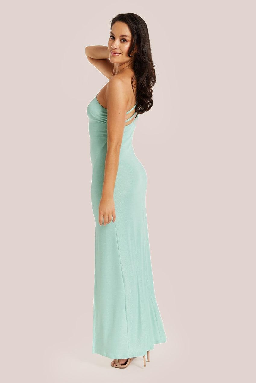 Sage Lurex One Shoulder Jersey Maxi Dress With Long Slit DML015-A