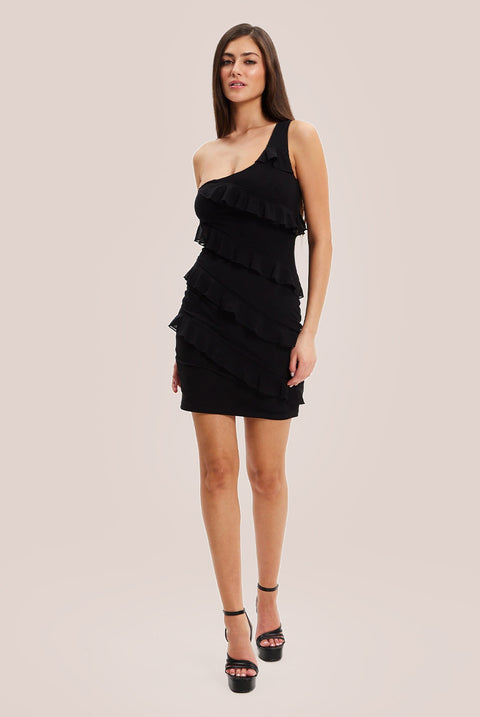 Diagonal Ruffle One Shoulder Mini Dress In Black by Liquorish